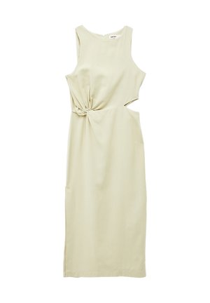 Ärmelloses beiges Midikleid mit seitlichem Ausschnitt und verdrehtem Knotendetail an der Taille, mit rundem Ausschnitt und geradem Saum.