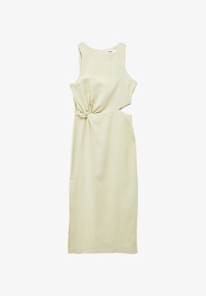 Ärmelloses beiges Midikleid mit seitlichem Ausschnitt und verdrehtem Knotendetail an der Taille, mit rundem Ausschnitt und geradem Saum.