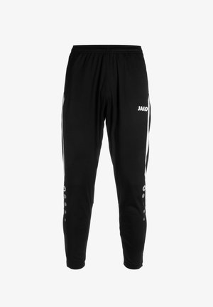 Zwarte sportbroek met elastische tailleband, witte zijstrepen en logo. Ontworpen in een taps toelopende vorm, met gladde stof en subtiele accenten.