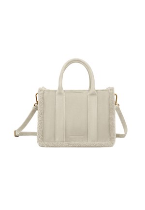 Beige Handtasche mit weichem Fellbesatz, glatter Wildleder-Oberfläche, doppelten Tragegriffen, abnehmbarem Schulterriemen und einer strukturierten rechteckigen Form.