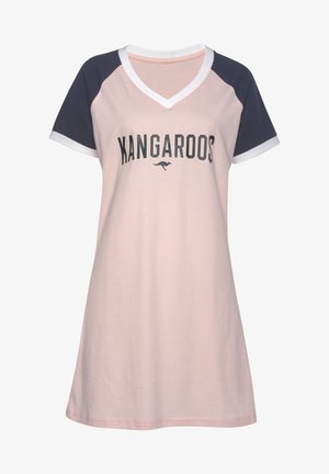 Pink cotton dress with navy sleeves and white trim, featuring "KANGAROOS" text in black across the chest and a V-neck design.