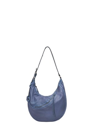 Blaue Leder-Handtasche in Halbmondform mit einem einzelnen Schulterriemen und einer vorderen diagonalen Reißverschlusstasche.