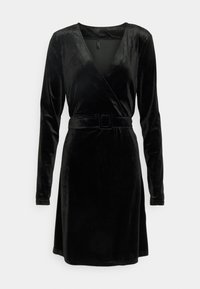 Svart sammet omslagsklänning med långa ärmar, V-ringning och ett matchande bälte. Slät textur med en figursydd midja och utsvängd kjol.