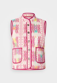 Αμάνικο γιλέκο από κρεμ ύφασμα με πολύχρωμα αφηρημένα σχέδια. Διακοσμημένο με ροζ, διαθέτει κινέζικο γιακά και εμπρόσθιες τσέπες.