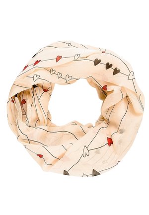 Écharpe beige clair avec un motif de petits cœurs rouges, bruns et blancs reliés par de fines lignes noires.