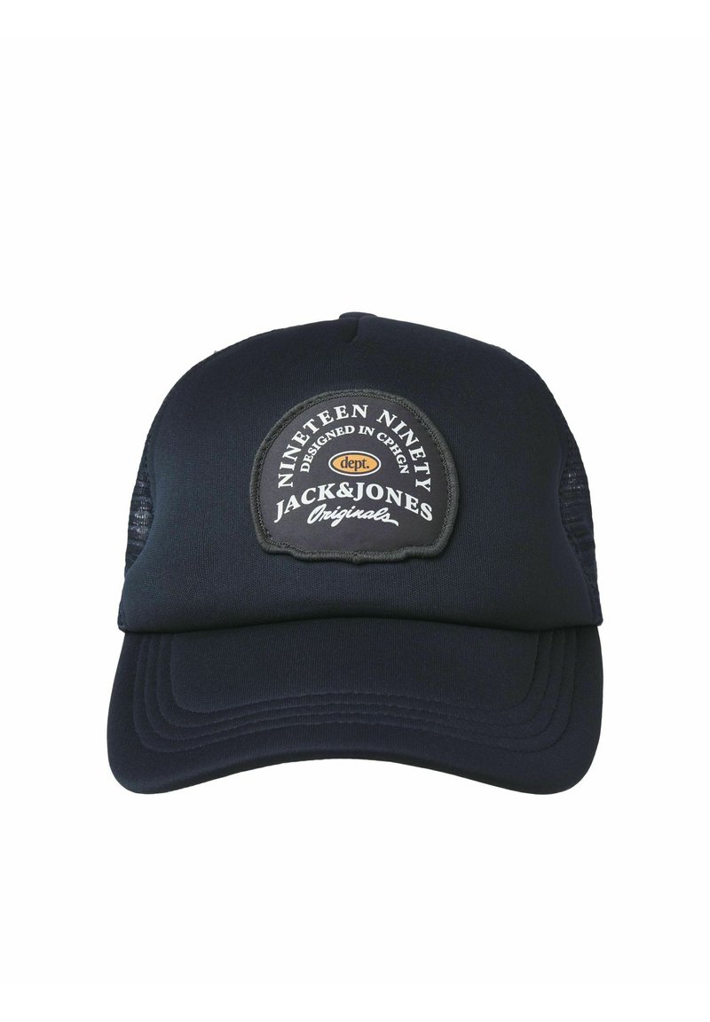 Dunkelblaues Cap mit einem strukturierten Vorderteil, Mesh-Seiten und einem runden Aufnäher mit dem Logo "NINETEEN NINETY JACK&JONES Originals".