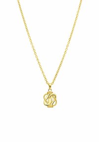 Gouden halsketting met een gestructureerde hanger met verweven lussen. De ketting is delicaat met uniforme schakels en een glanzende afwerking.