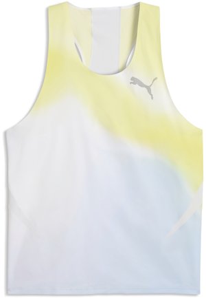 Sportowy top bez rękawów z gradientem w kolorach żółtym i jasnoniebieskim oraz małym logo Puma na górnej prawej stronie klatki piersiowej.