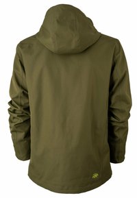 Olivgrüne Jacke mit Kapuze, weist eine glatte, matte Textur auf und ein kleines grünes Tierlogo am unteren linken Rücken.