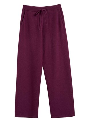 Wijdvallende broek in een diep paarse kleur, gemaakt van zachte stof met een elastische tailleband, koord en zijzakken.