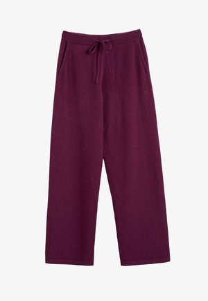 Wijdvallende broek in een diep paarse kleur, gemaakt van zachte stof met een elastische tailleband, koord en zijzakken.