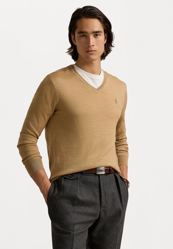 SLIM FIT WASHABLE WOOL V-NECK JUMPER - Jumper - camel melange
