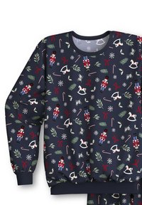 Marine sweatshirt met een feestelijk patroon van kerstmannen, zuurstokken, hulstbladeren en sneeuwvlokken. Ribgebreide manchetten en zoom. Zachte stoftextuur.
