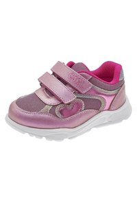 Rosa sneakers med nätövre, metalliska detaljer och två kardborreband. Vit sula med texturerade detaljer och hjärtdesign på sidan.