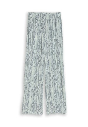 Pantalon à jambes larges taille haute, présentant un motif peau de serpent bleu clair et gris sur un tissu doux.