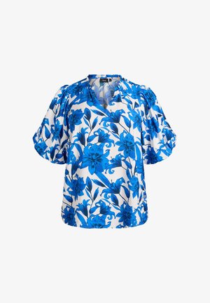 Floral Bluse in Weiß mit blauem und schwarzem Blumenmuster. Mit kurzen Puffärmeln und V-Ausschnitt. Leichtes Material.