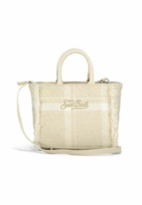 Sac à main à carreaux beige avec une texture en laine douce, des franges sur les côtés, des poignées supérieures doubles et une bandoulière amovible.