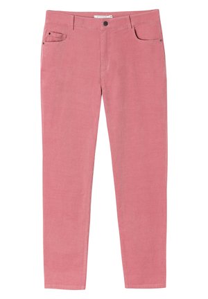 Rožinės medvilnės mišinio kelnės su slim fit kirpimu. Yra priekiniai kišenės ir mygtukų uždarymas. Lygus audinys ir tiesaus kirpimo dizainas.