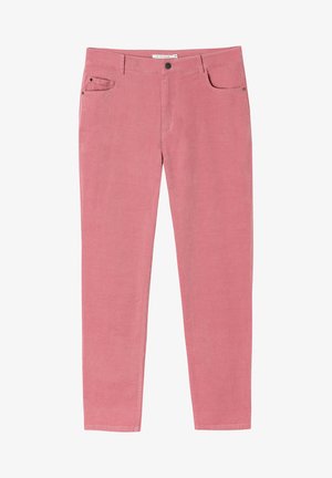 Pink cotton blend trousers with a slim fit. Features front pockets and a button closure. Smooth texture and straight leg design.