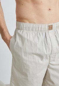 Pantaloni corti grigi chiari con una vestibilità rilassata, caratterizzati da righe verticali, una cintura elastica e un'etichetta in tessuto sul retro.
