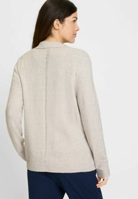 Hellbeiges Strickpullover mit geripptem Kragen, langen Ärmeln und geradem Schnitt. Auffällige Nahtdetails verlaufen vertikal über den Rücken.