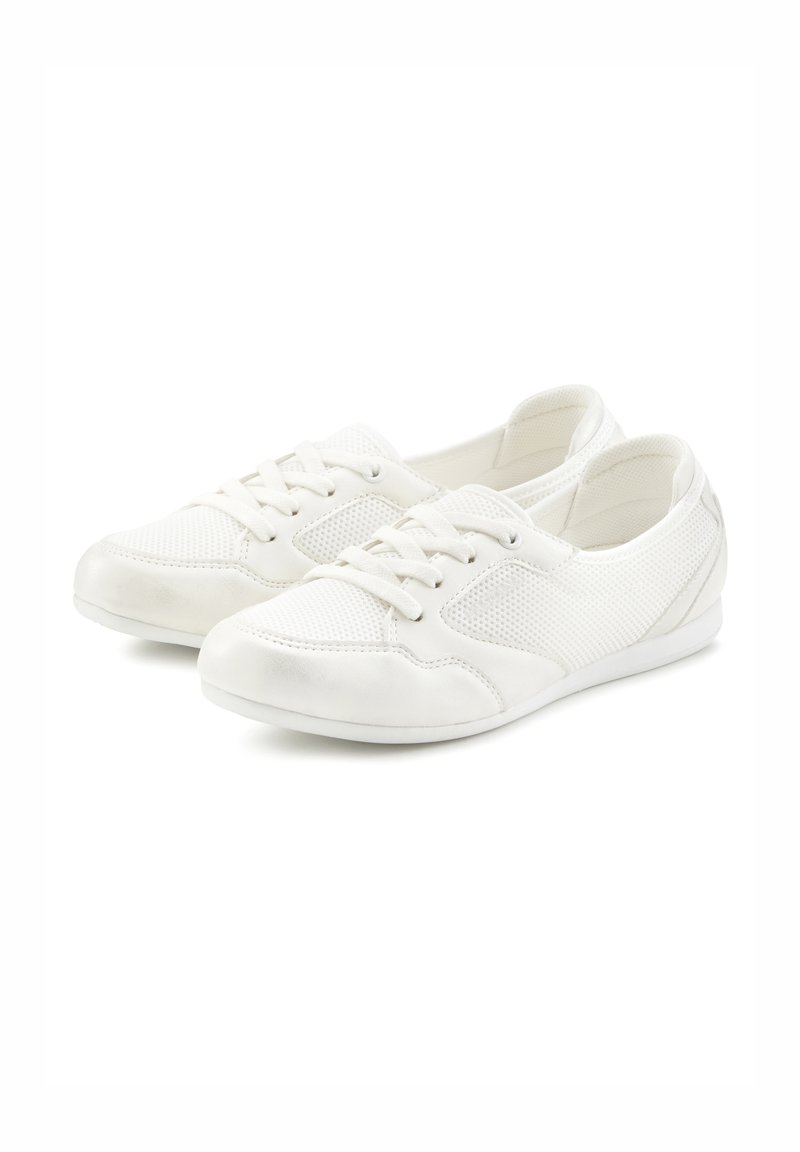 White sneakers featuring a mix of smooth and mesh fabric, low profile, lace-up design, with subtle stitching and a textured sole.