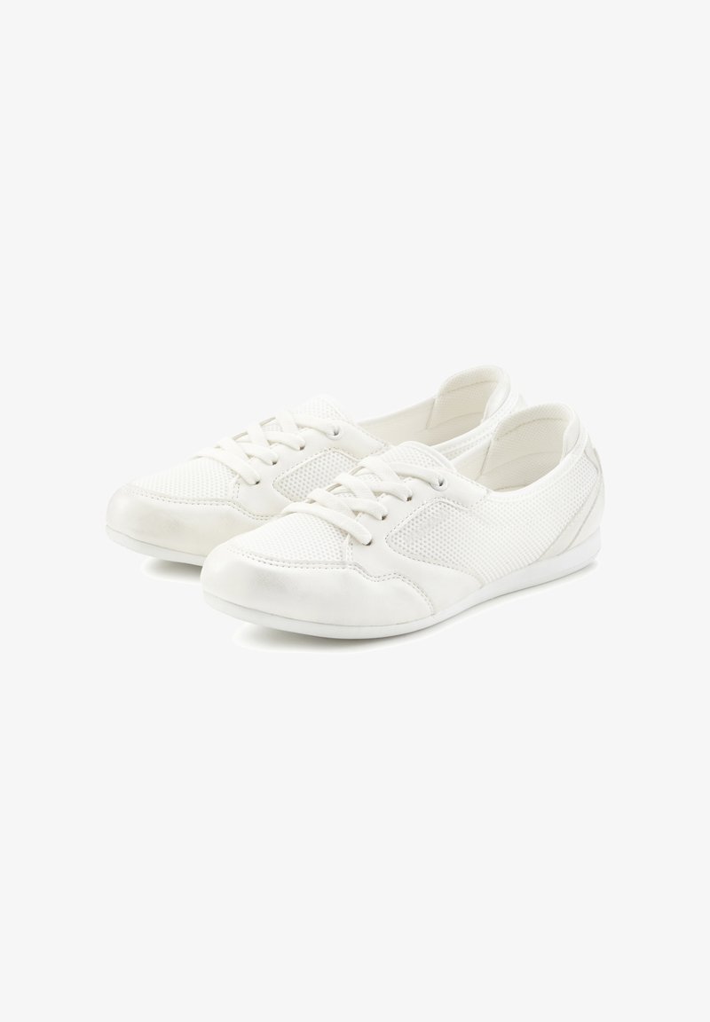 White sneakers featuring a mix of smooth and mesh fabric, low profile, lace-up design, with subtle stitching and a textured sole.