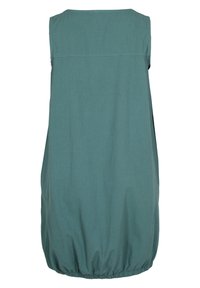 Robe ample sans manches bleu sarcelle avec ourlet élastique froncé, vue de dos sur fond blanc.