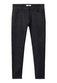 Jean en denim noir à coupe slim, comportant cinq poches, une fermeture à bouton et un léger délavage à l'avant pour un contraste de texture.