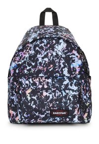 Zaino nero con un motivo astratto colorato, una tasca frontale con cerniera e una maniglia superiore per il trasporto.