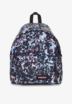 Zaino nero con un motivo astratto colorato, una tasca frontale con cerniera e una maniglia superiore per il trasporto.