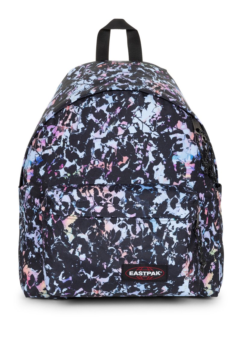 Zaino nero con un motivo astratto colorato, una tasca frontale con cerniera e una maniglia superiore per il trasporto.