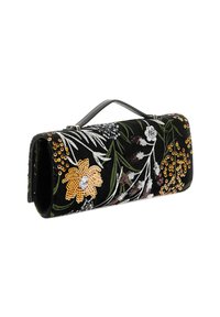 Pochette noire brodée de fleurs avec des sequins, ornée de fleurs orange vif, blanches et jaunes, et d'une poignée en cuir. Forme rectangulaire.