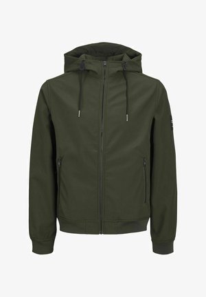 Olivengrønn glidelåsjakke med hette, med to sidelommer med glidelås, elastiske mansjetter og strukturert stoff. Enkelt design med snorer.