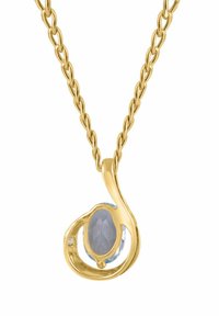 Collana d'oro con una catena attorcigliata, caratterizzata da una pietra ovale azzurro chiaro circondata da un motivo fluido in oro, finitura liscia e lucida.