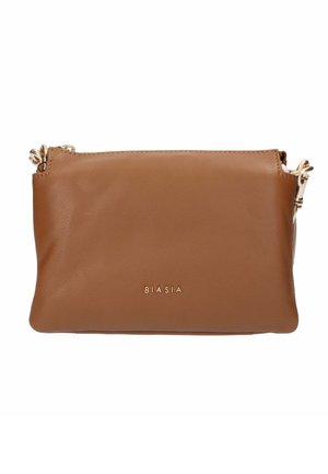 Sac bandoulière en cuir marron avec ferrures dorées et logo "BIASIA" centré à l'avant, montrant les attaches de la sangle amovible.