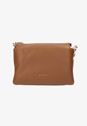 Borsa a tracolla in pelle marrone con ferramenta dorata e logo "BIASIA" al centro sul davanti, con attacchi della tracolla removibili.