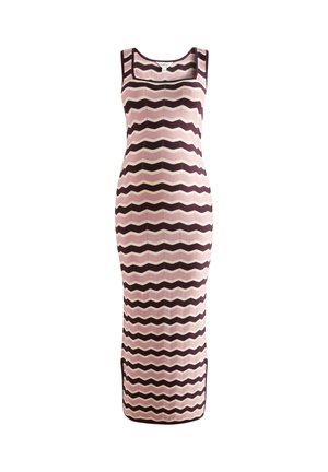 Sleeveless, long knit dress with dark purple and light pink horizontal zigzag stripes and a square neckline.