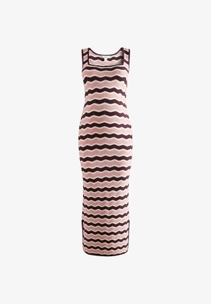 Sleeveless, long knit dress with dark purple and light pink horizontal zigzag stripes and a square neckline.