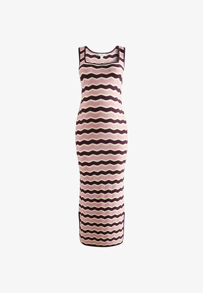 Robe longue sans manches en maille avec des rayures zigzag horizontales violet foncé et rose pâle, et un décolleté carré.
