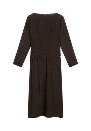 Braunes, langärmeliges Kleid mit quadratischem Ausschnitt, geraffter Textur am Oberteil und lockerem, fließendem Rockdesign.