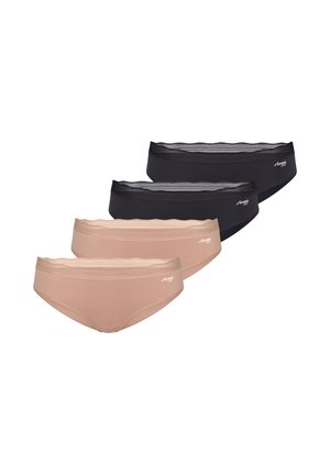 Vier Paar Damenslips mit Spitzenbesatz in Schwarz und Beige, in zwei Reihen angeordnet mit Markenlogo an der Hüfte.