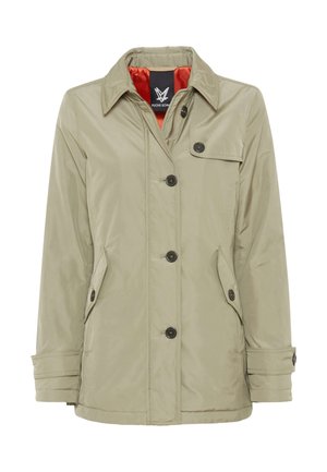 Beige buttoned lightweight jacket with collar, two front flap pockets, cuff straps, and visible orange inner lining.