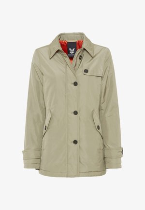 Beige buttoned lightweight jacket with collar, two front flap pockets, cuff straps, and visible orange inner lining.