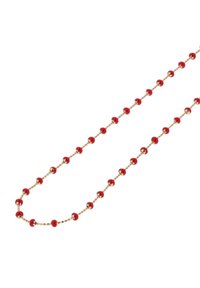 Rød perlekæde med guldfarvede metalled og skiftende runde perler, samt små guldaccenter fordelt over hele længden.