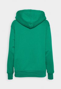 Hoodie vert à manches longues avec capuche, poignets et taille côtelés, vue de dos sur un fond blanc uni.
