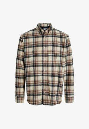 Camicia a maniche lunghe a quadri nei toni beige, blu navy e marroni; presenta un colletto abbassato e bottoni frontali; realizzata in un tessuto morbido.
