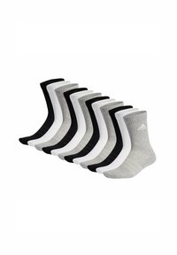 Juego de 10 calcetines en negro, blanco y gris. Presentan una textura acanalada y puños de color contrastante. El material es una mezcla de algodón, con longitud estándar de tobillo.