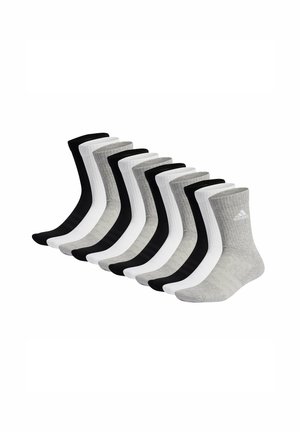 Set aus 10 Socken in Schwarz, Weiß und Grau. Mit gerippter Textur und kontrastierenden farbigen Bündchen. Material ist eine Baumwollmischung, Standardknöchellänge.