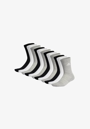 Juego de 10 calcetines en negro, blanco y gris. Presentan una textura acanalada y puños de color contrastante. El material es una mezcla de algodón, con longitud estándar de tobillo.